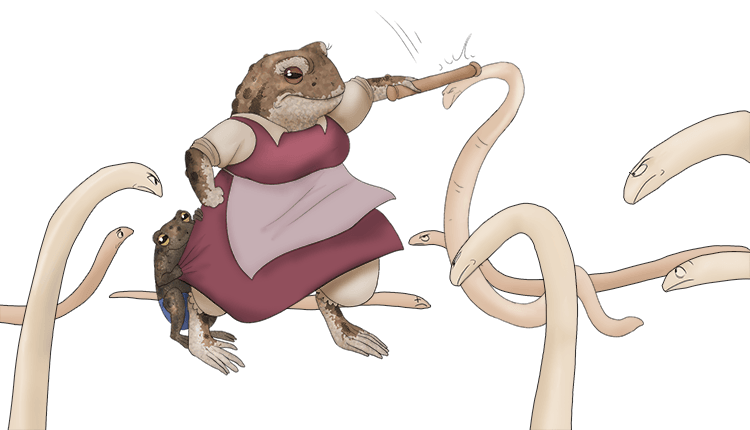 Never annoy a mother toad (nematode) surrounded by worms (roundworm).